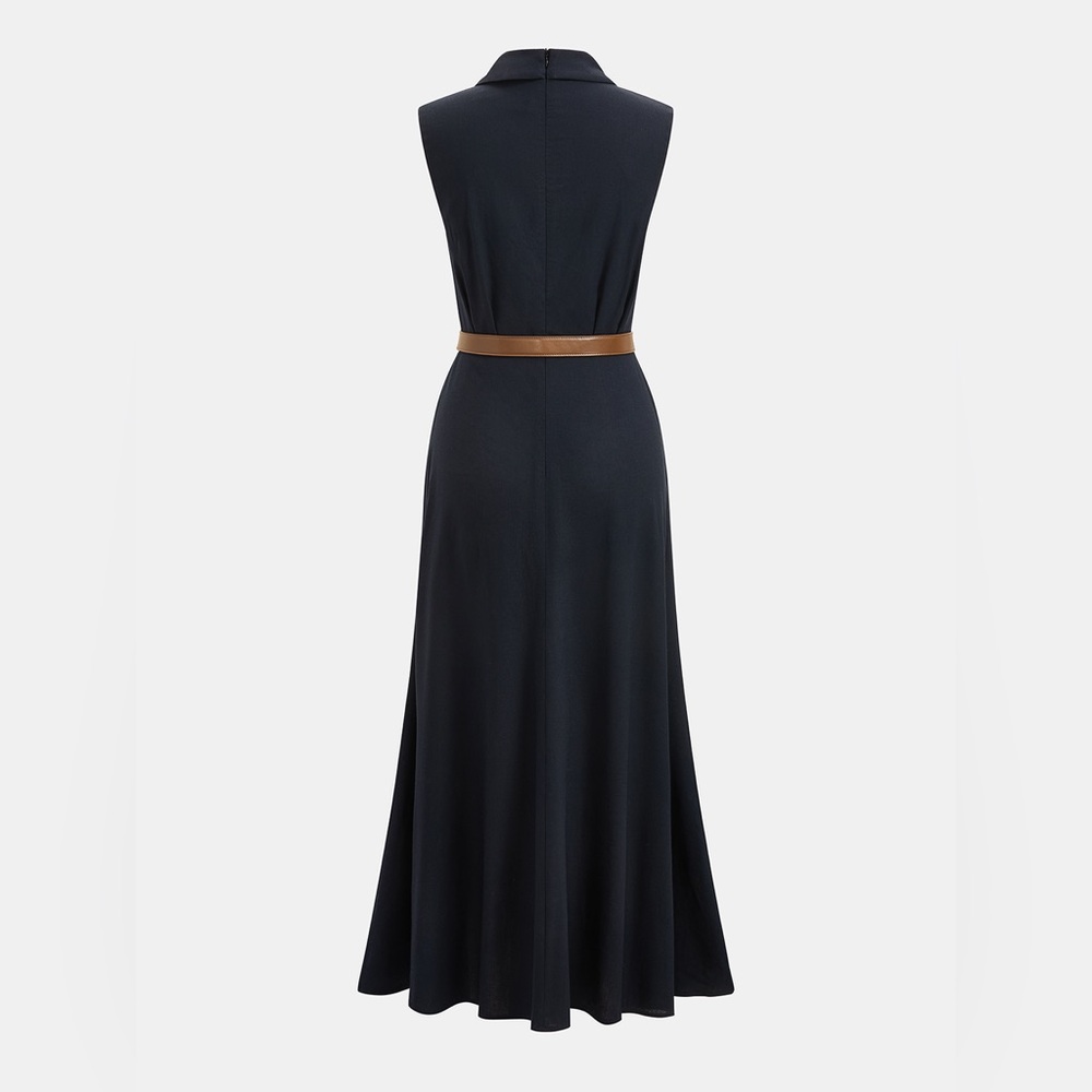 Commense Navy Sleeveless Midi Dress with Brown Tie Belt - Picture 2 of 4